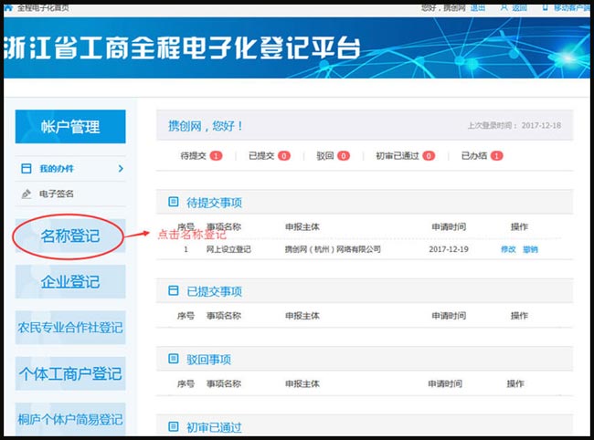 浙江省工商全程电子化登记平台截图