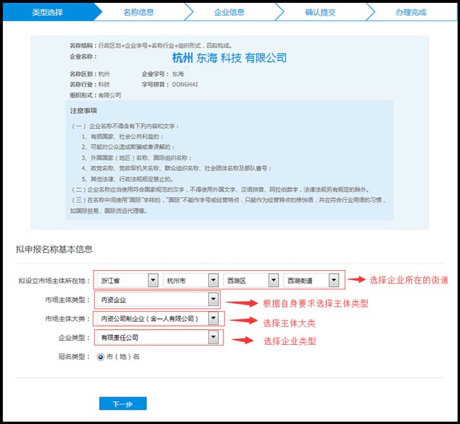 企业名称自主申报截图